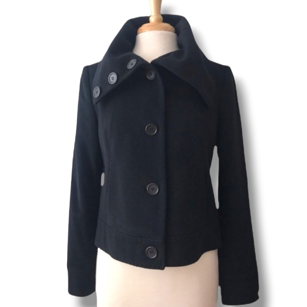 REISS Serge Black Cashmere Wool Crop Coat Jacket Size L